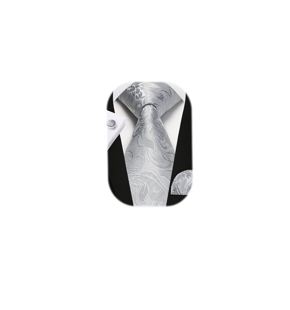 7103 Ties Silver Tie Floral Pocket Square Cufflinks Set Formal Classic
